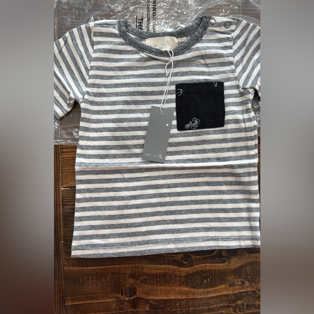 Striped Gray Kids Tee with Black Pocket